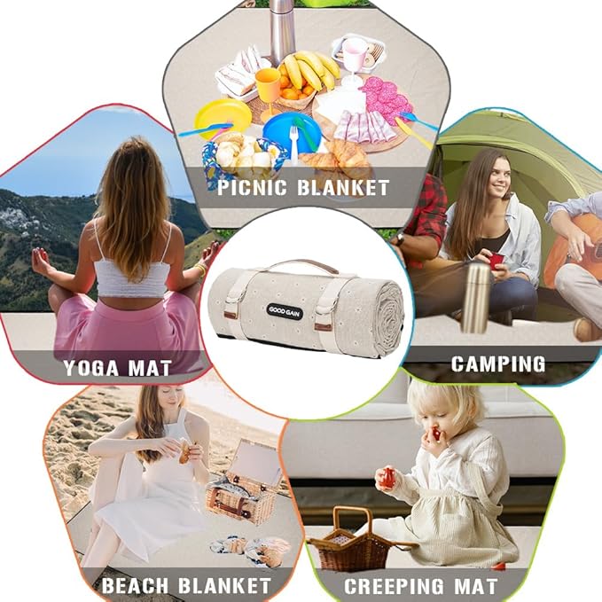 G GOOD GAIN Picnic Blankets Waterproof Extra Large - Outdoor Blanket Sand Free Foldable with Carry Strap for Beach, Camping, Park Grass, Hiking, Travel, Concerts (White Flower)