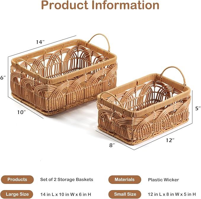 VinneGenzz 2PCS Plastic Wicker Storage Baskets Set Decorative Bohemian Handmade Woven Bathroom Boxes Bins Shelf Closet Cloth Toilet Paper Container Laundry Organizer with Handles Removable Liner