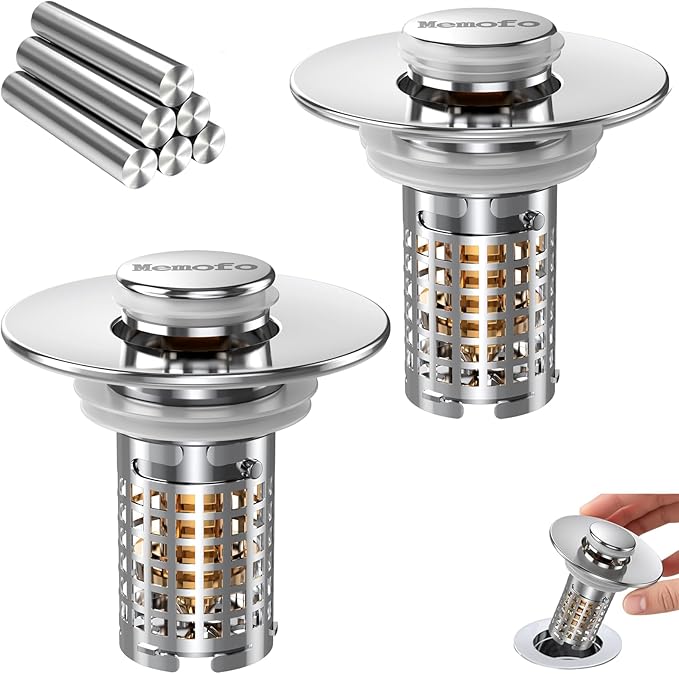 (2PCS) Bathroom Sink Drain Strainer, Stainless Steel Pop-up Strainer Basket Hair Catcher with Removable Basket, Brass Bullet Core, Universal Fit 1.1-2.36 Inch