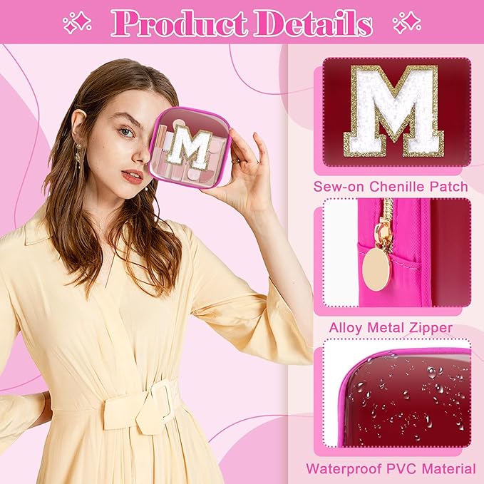 Personalized Initial Letter Clear Preppy Makeup Bag,Mini Nylon Chenille Letter Cosmetic Bag Cute Zipper Pouch Coin Purse for Teen Girls,Portable TSA Approved Travel Essentials Bag Gift for Women,M