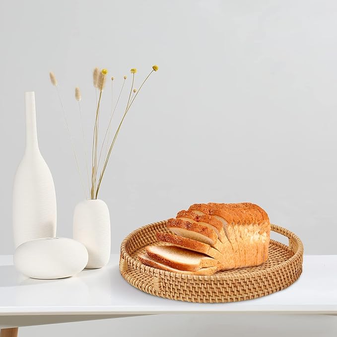 Round Rattan Serving Tray with Handles, 2 Hand Woven Basket, Home Decor Organizer Tray for Breakfast, Tea, Snack, Fruit, Coffee, Storage (Large + Medium) (14.17inchX2.3inch+11.9inchX1.7inch