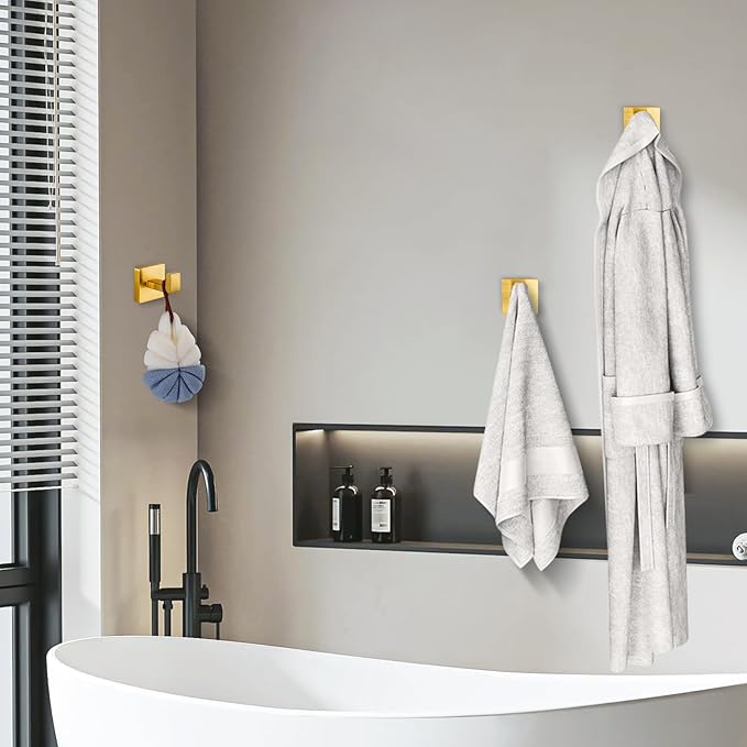warlve Brushed Gold Towel Hooks for Bathrooms, Heavy Duty Wall Mounted Stainless Steel Modern Hook, 4 Pack – Ideal for Hanging Towels, Robes, Coats, in Kitchen, Bedroom, Bathroom, or Hotel