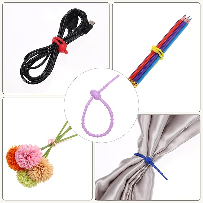 PATIKIL 8 Inch Silicone Cable Ties, 20pcs Rubber Reusable Twist Zip Ties Organizer for Home Office Kitchen Food bags Wires Adjustable Bag Clip, Light Purple