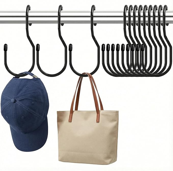 Poshetion 12 Pack Purse Hanger for Closet – Vinyl Coated Twist Design Black Hooks, 5 Inch Large Rod Compatible, Ideal for Handbags, Backpacks, Scarves & More – Space Saving Home Organize
