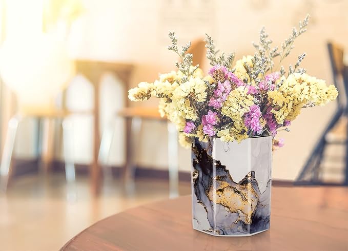 WAVEYU Ceramic Pen Holder for Desk Cute, Pencil Cup Pot Desk Organizer, Makeup Brush Holder for Women, Men, Kids, Desk Marble Decor for Office, Classroom, Home, Gray Golden