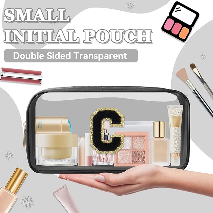 Small Clear Personalized Initial Makeup Bag,Nylon Preppy A-Z Chenille Letter Patch Cosmetic Pouch Beach Toiletry Bag,Waterproof Zipper Travel Purse Storage Bag Organizer for Women Girls(Black-Black C)