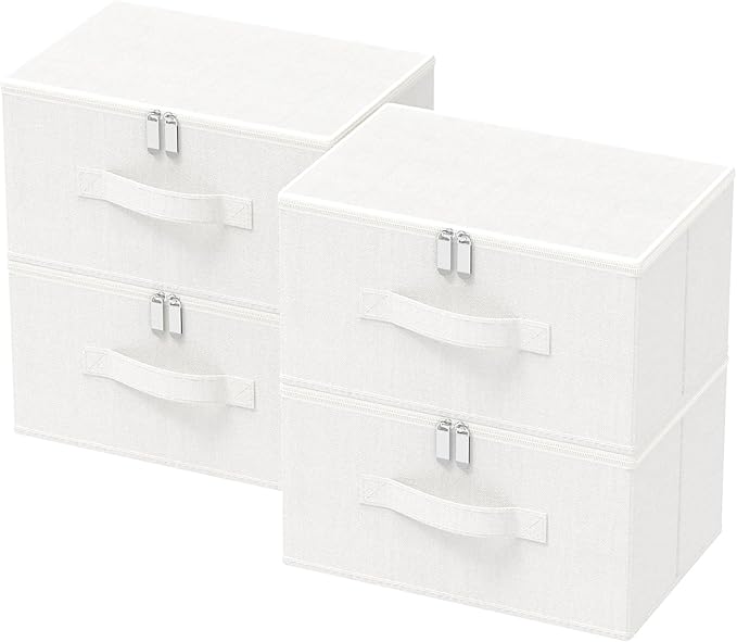 Storage Bins with Zipper, Cube Organizer Basket with Lid, Collapsible Stackable Closet Boxes, for Home and Bedroom, 4 Pack, White, 11.8 x 7.9 x 6.3 In, XSNY16WS-4