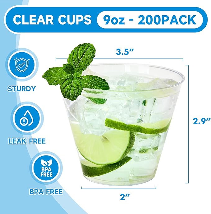 RACETOP 9 oz 200 packs Clear Disposable Plastic Cups, Durable Plastic Cups Tumblers, Perfect for Parties, Wedding and Festival Events