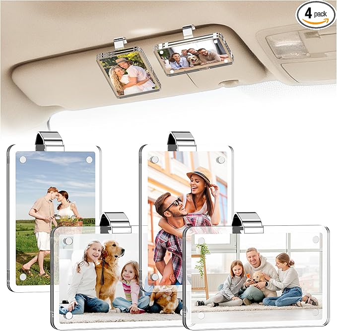 4Pcs Car Picture Holder, Magnetic Acrylic Visor Photo Clip & Photo Frame for car - Perfect Personalized Gifts for Women's Day Mother's Day Birthday, Car Decor Accessories