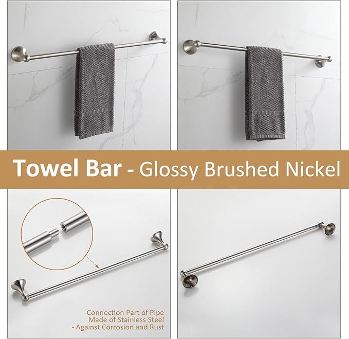 BGL Bathroom Accessories Set, Glossy Satin Nickel Expandable Towel Bar, 4-Piece Bathroom Accessory Set Wall Mounted, Towel Ring, Robe Hook, Toilet Paper Holder, Towel Holder