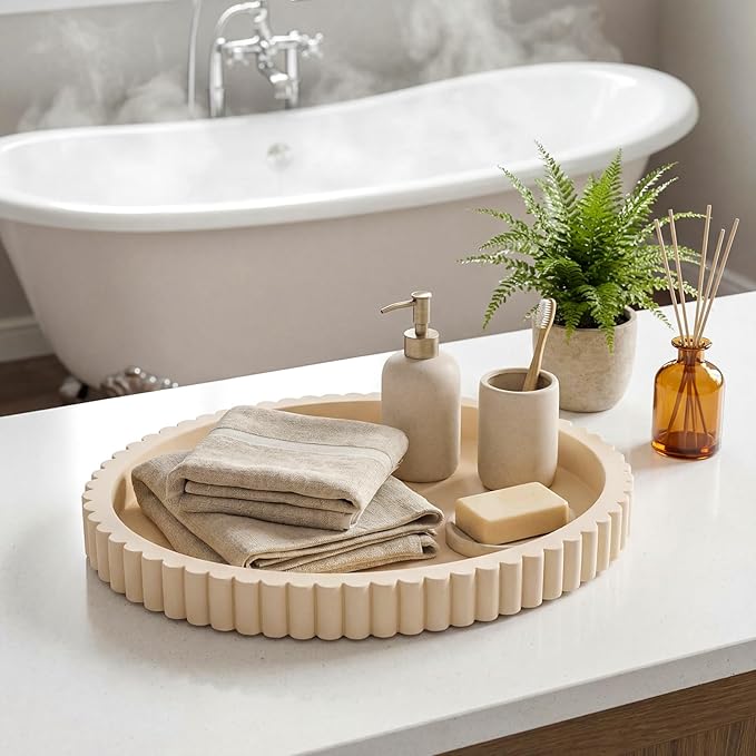 15" Modern Cream White Oval Concrete Decorative Tray for Coffee Table Decoration, Decorative Ottoman Tray for Serving and Home Decor Accent, Bandejas Decorativas Gift