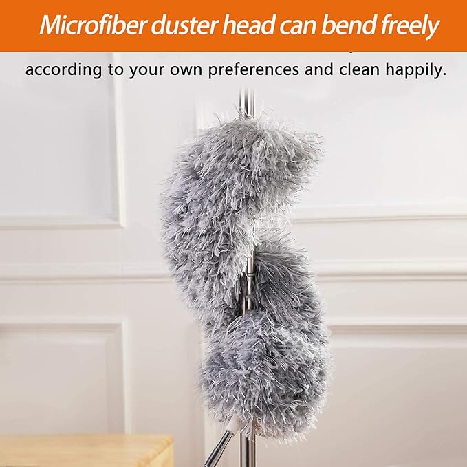 Dusters for Cleaning High Ceiling Fans, Newliton Microfiber Feather Duster with 30'' to 100'' Telescoping Extension Pole, Long Extendable Duster for Home, Car, Furniture, Cobweb, Gray