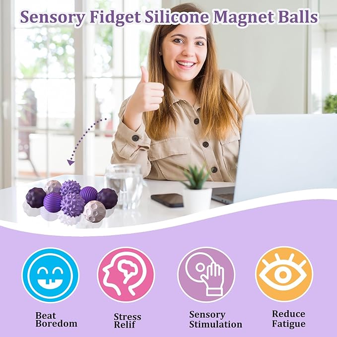 8PCS Sensory Fidget Balls For Adults & Teens,Magnetic Attraction Stress Balls With Silicone Shell-To Calm Restless Hands and Anxious Mind, Quiet Desk Fidget Toys for Office Travel Toys Gift (Purple,8)