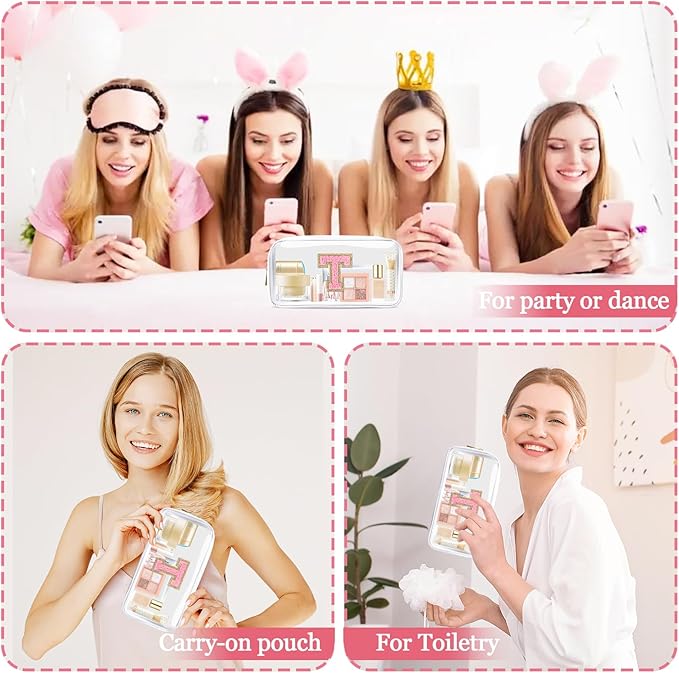 Small Clear Personalized Initial Makeup Bag, Preppy Nylon A-Z Chenille Letter Patch Makeup Organizer TSA Approved Travel Toiletry Bag,Waterproof Zip Beach Cosmetic Pouch Purse for Women(White-Pink T)