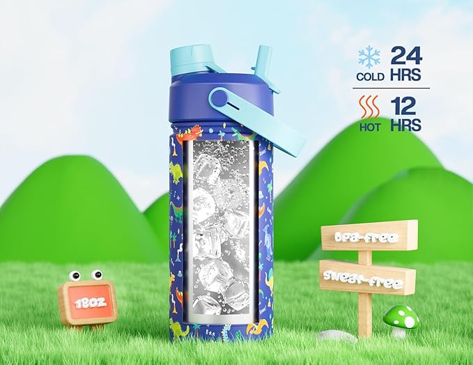 POWCAN 2 Pack 18 oz Kids Insulated Water Bottle for School: Leakproof, 2-in-1 Straw Spout Lid, BPA-Free, Keep Cold 24 Hrs, Stainless Steel Cup for Sports, Travel, Gift for Girls Boys Daughters Sons