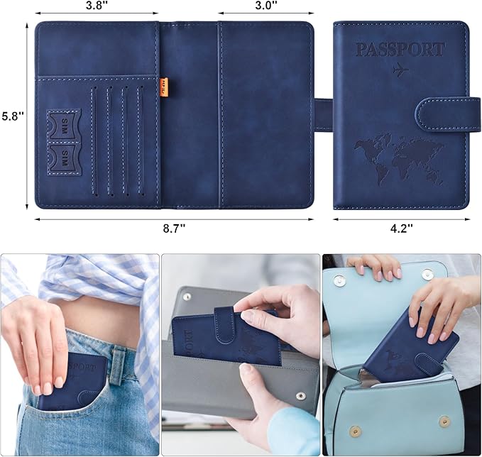 Eoehro Passport Holder for Travel Essentials, Passport Wallet Cover Case for Travel Must Haves Accessories,Passport Book Holders for Women and Men(dark blue)