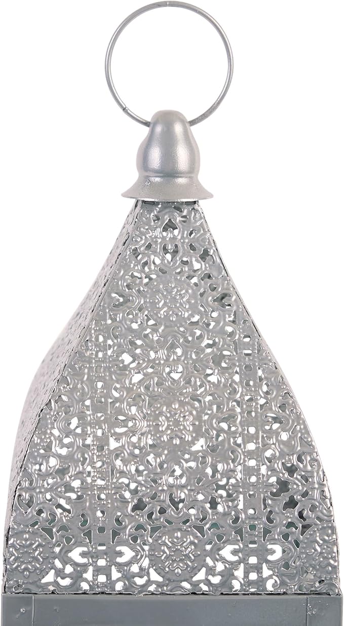 Zingz & Thingz Moroccan Style Candle Lantern Holder, Decorative Light Home Decor, Indoor & Outdoor, 15.25" Tall, Silver