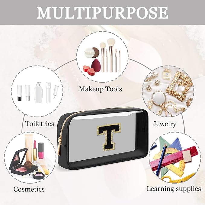 Small Clear Personalized Initial Makeup Bag, Preppy Nylon A-Z Chenille Letter Patch Makeup Organizer TSA Approved Travel Toiletry Bag,Waterproof Zip Beach Cosmetic Pouch Purse for Women(Black-Black T)