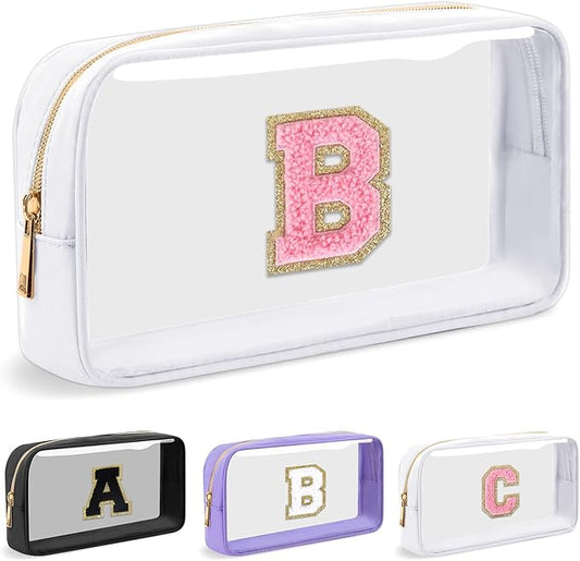 Personalized Initial Letter Clear Makeup Bag, Preppy Small Nylon & PVC Cosmetic Zipper Bag with Chenille Letter, Travel Skincare Toiletry Bag, Monogram Christmas Gift for Teen Girls Women, B