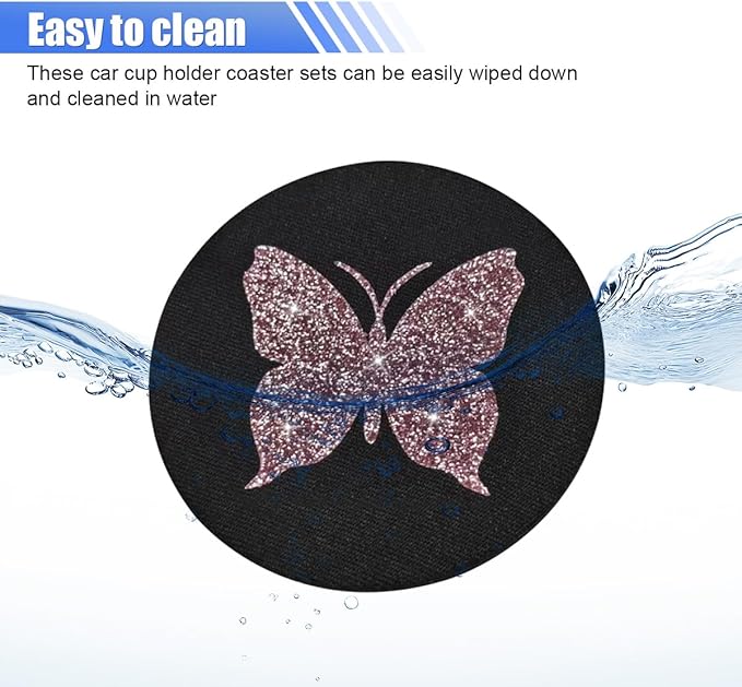 2PCS Bling Butterfly Car Coasters, 2.75 Inch Anti Slip Insert Cup Holder Coaster, Rhinestone Vehicle Cup Holder Decoration Pad, Universal Auto Interior Drink Water Bottle Mat Accessory (Pink)