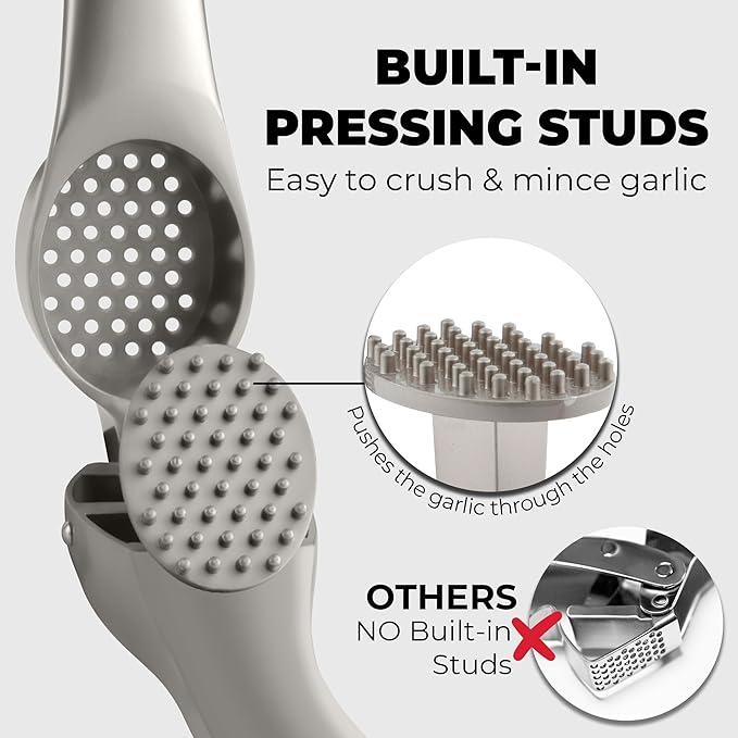 Zulay Kitchen Premium Garlic Press Set – Rust Proof & Dishwasher Safe Garlic Mincer Tool with Silicone Garlic Peeler & Brush, Easy Squeeze & Clean, Ergonomic Soft Grip Handle - Medium – Silver