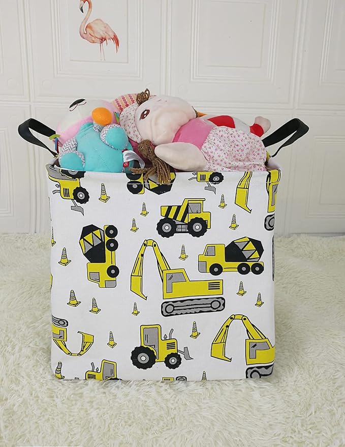 KUNRO Square Storage Basket Gift Shelf Basket Storage Bin, Nursery Basket Organizer Box for With Handles for Room Deco (Excavator)