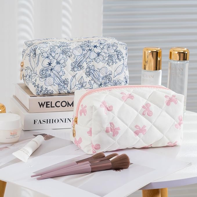 UUUYUUY Makeup Bag Travel Toiletry Bag for Women, Small Cosmetic Bags Cute Quilted Cotton Makeup Pouch for Purse Emergency Bag for School Floral Pencil Case Accessory Bag, Pink Bow