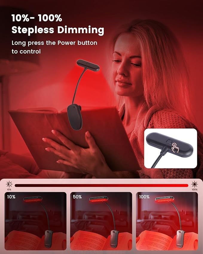 670nm LED Reading Light, USB-C Rechargeable Clip On Book Lights for Reading at Night, 100% No Blue-Light Eye Care Book Lamp, Gift for Kids, Travel, Learning