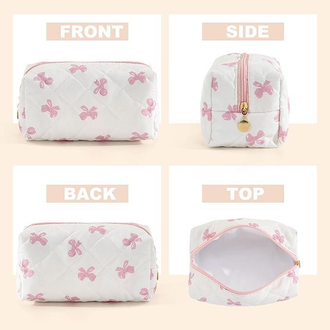 UUUYUUY Makeup Bag Travel Toiletry Bag for Women, Small Cosmetic Bags Cute Quilted Cotton Makeup Pouch for Purse Emergency Bag for School Floral Pencil Case Accessory Bag, Pink Bow