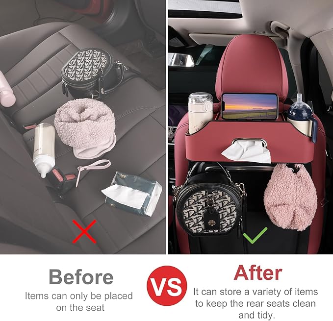Sancaral Car Rear Backseat Extra Multifunctional Drink Cup Holder Organizers with Tissue Storage Box Organizer & Hooks for Car Seat Back. Red