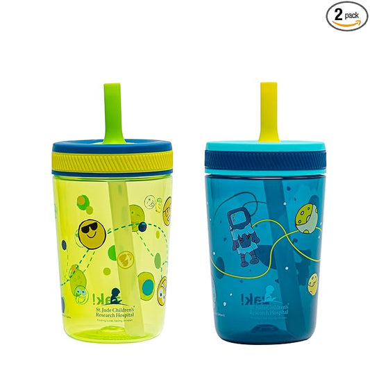 Zak Designs St. Jude Kelso Toddler Tumblers For Travel or At Home, 15oz 2-Pack Durable Plastic Sippy Cups With Leak-Proof Design is Perfect For Kids (Space and Smiles)