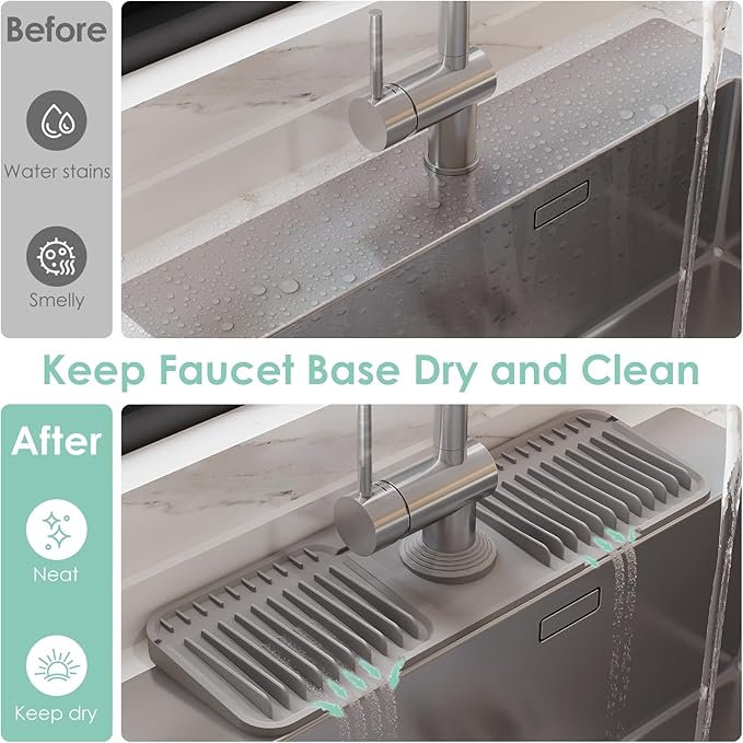 17.7 Inch Silicone Faucet Mat for Kitchen Sink Splash Guard - 7° Slope Water Draining Mat with Fasten Button for Bathroom Area (Gray, 17.7''x5.5'')