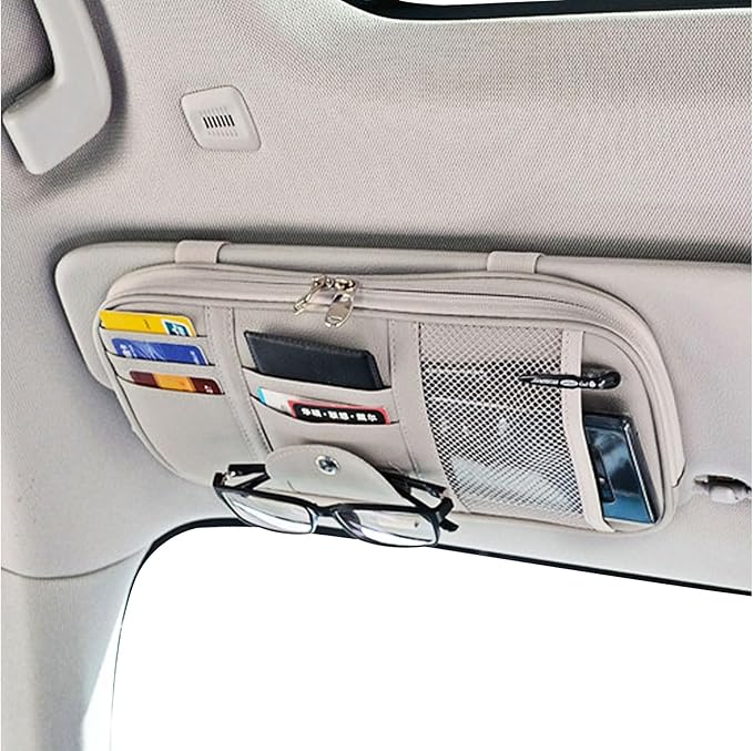 Da by Car Sun Visor Organizer, Multi-Pocket Visor Organizer Storage Pouch for Cars, SUVs & Trucks with Double Zippers, Elastic Bands & Glasses Clip - Organizes Essentials Keep Tidy (Cream Grey)