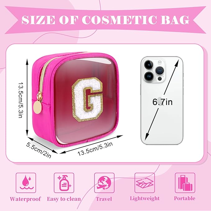 Personalized Initial Letter Clear Preppy Makeup Bag, Mini Nylon Chenille Letter Cosmetic Bag Cute Zipper Pouch Coin Purse for Teen Girls, Portable TSA Approved Travel Essentials Bag Gift for Women, G