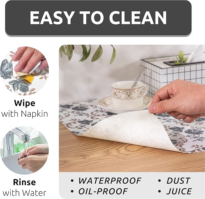 FIFTY FEET 12X120 Inch Shelf Liner for Kitchen Cabinets, PVC Drawer Liner for Dresser Non-Slip Bathroom, Non-Adhesive Cabinet Liner Washable (Black Floral)(9 Roll)