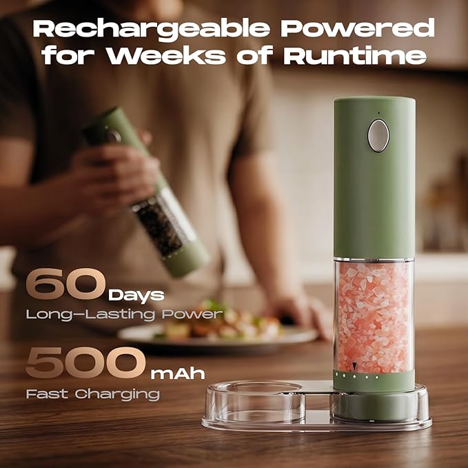 Electric Salt and Pepper Grinder Set, Rechargeable Automatic Salt and Pepper Shaker with 6 Adjustable Coarseness, Large-Capacity Pepper Mill Kitchen Appliances Gifts for Women(Green）