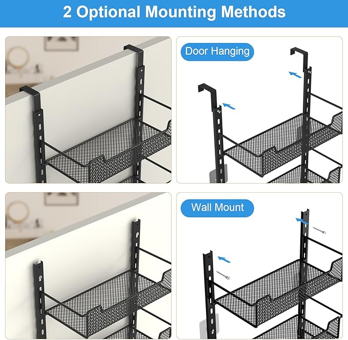 12.3" W Narrow Over the Door Pantry Organizer, 6-Tier Over the Door Organizer with Adjustable Basket, Pantry Door Organization for Pantry Kitchen Storage Room Spice Rack, Black