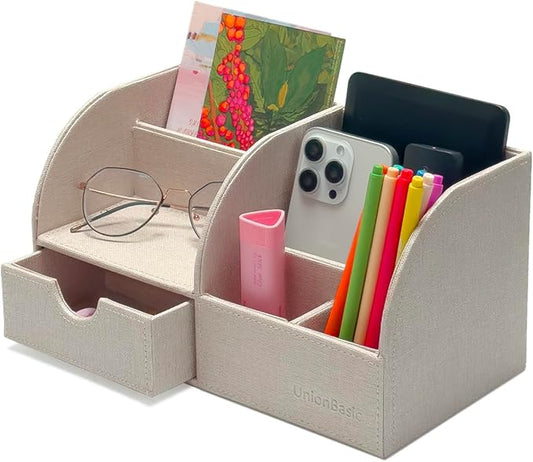 UnionBasic Desk Organizer, Multi-functional Leather Desktop Office Organizer, Pen Holder - Business Card/Pen/Pencil/Mobile Phone/Stationery Holder Storage Box, Beige