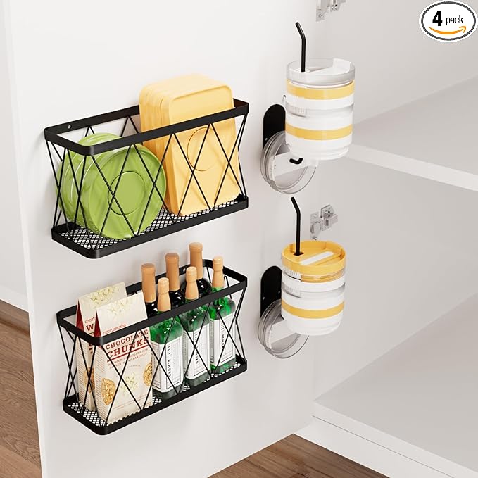 YIGII Adhesive Cabinet Door Organizer, 4 Pack Lid Organizers Inside Cabinet Food Container/Tumbler Lid Organizer and Storage Cup Lids Holder for Kitchen