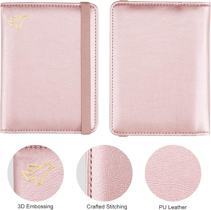 WALNEW Passport Holder for Travel, RFID Passport Cover Wallet for Women Men, PU Leather Passport Book Card Holder Case with Pen (Elastic Band Closure, C-Rosegold)