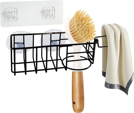 Sponge Holder with Dish Cloth Hanger for Kitchen Sink, In-sink Caddy Organizer with Suction Cups & Adhesive Strips, Rustproof Sponge Rack for Soap, Brush, Scrubber - Black
