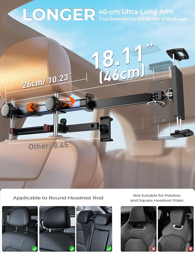 Headrest Tablet Holder for Car Accessories : [18.11-inch Long Arm] 3-in-1 Backseat Tablet Holder for Kids Road Trip Compatible with iPad Switch Smartphones & Tablets or Other 4.7-13" Devices