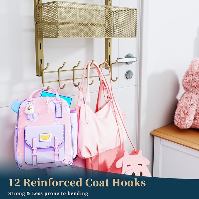 Consumest Over The Door Hooks Organizer - 4 Tier Door Coat Rack with 3 Baskets & 12 Hooks, Stainless Steel Towel Hanger for Bedroom, Bathroom, Living Room, Gold