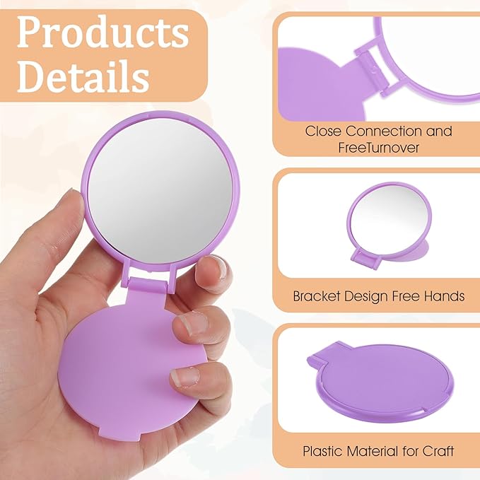 50 Pcs Round Compact Folding Portable Pocket Mirror for Purse Mini Folding Makeup Mirrors Bulk Vintage Travel Makeup Mirror for Women Daily Use (Purple)
