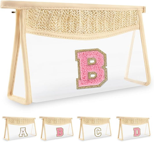Small Boho Straw Initial Letter Makeup Bag Personalized Gift ,Cute Clear Chenille Patch Makeup Bag With Zipper,Trendy TSA Approved Travel Toiletry Bag,Gift for Women Girls Birthday Friend, Letter B