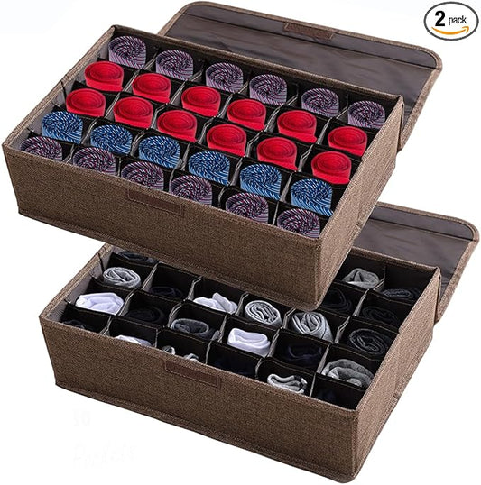 AARAINBOW 2 Packs Underwear Socks Ties Storage Organizer with Lids Foldable Closet Drawer Organizer 60 Cells, Fabric Wardrobe Divider Storage Boxes for Scarves and Lingerie (30 Cell, 2 Coffee)