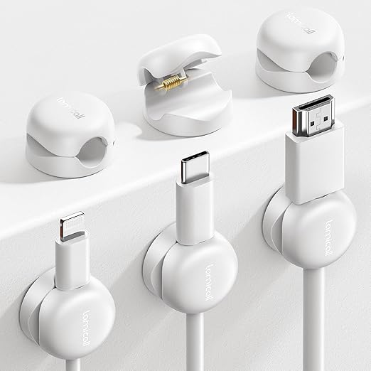 Lamicall Cord Organizer, Spring Cable Management Clips - 6-Pack Compact Desk Cable Holder Clips, Nightstand Phone Charging Cord Holder, Halloween Adhesive Wire Organizer, Office Accessory, White