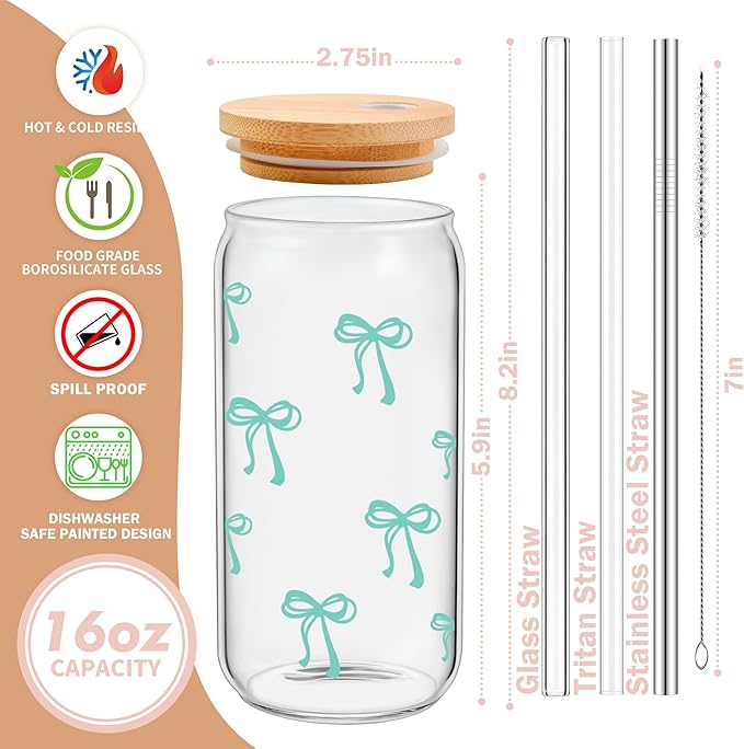 BIPEDS Coquette Cute Sage Green Bow Glass Cups with Lids and Straws, Aesthetic Iced Coffee Cup Girly Preppy Tumbler Mug, Christmas Valentines Birthday Gifts for Women, Teen Girl Gifts Trendy Stuff