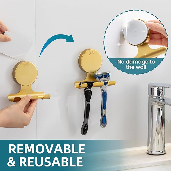 TAILI 2 Pack Powerful Suction Cup Razor Holder, 304 Stainless Steel Bathroom Suction Hooks for Towel, Loofah, Bathrobe, Stylish Shaver Holder for Shower Wall, Easy to Install and Reuse, Gold