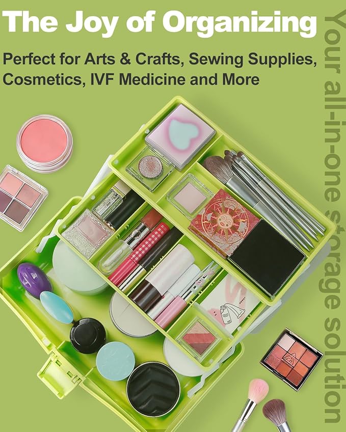 12in 3-Layer Plastic Craft Organizers and Storage, Portable Folding Tackle Box with Handle & Adjustable Dividers, Multipurpose Case for Sewing, Art Supplies, Medicine, Tools (Green)